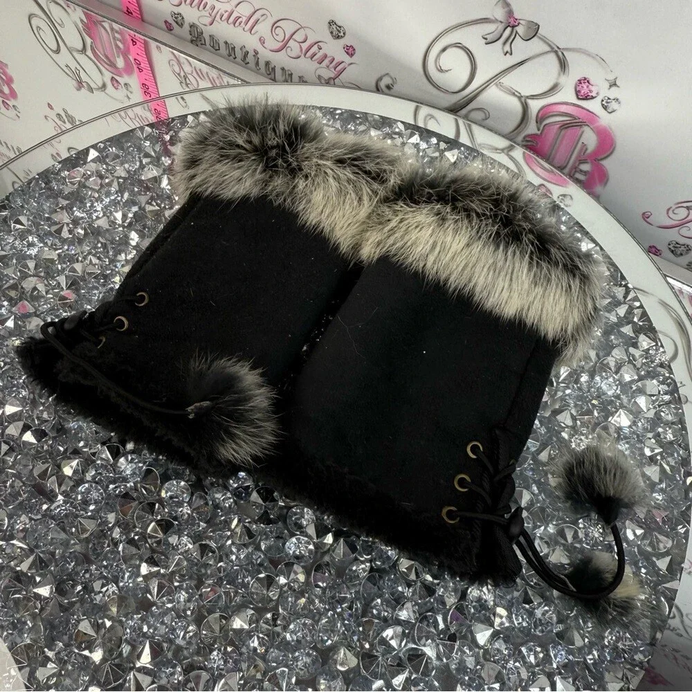 Mitts Black rabbit Fur Trim Fingerless Gloves with Pom  Pom lace up details